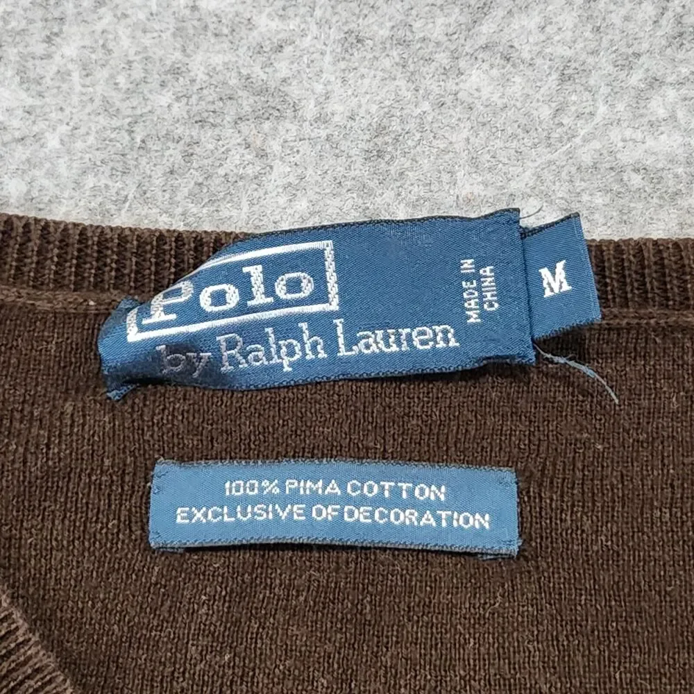 Polo Ralph Lauren PRL Mens M Medium 100% Pima Cotton Knit V Neck Sweater‎ Brown